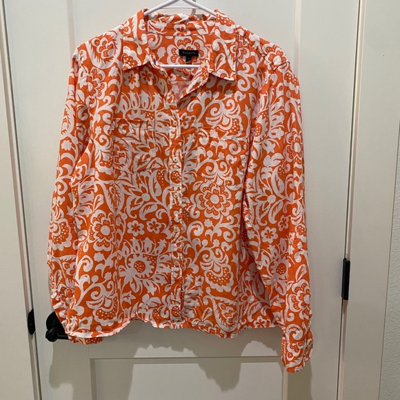Talbots Tops - Talbots Orange White Floral Paisley 100% Linen Button Down Shirt Womens XL